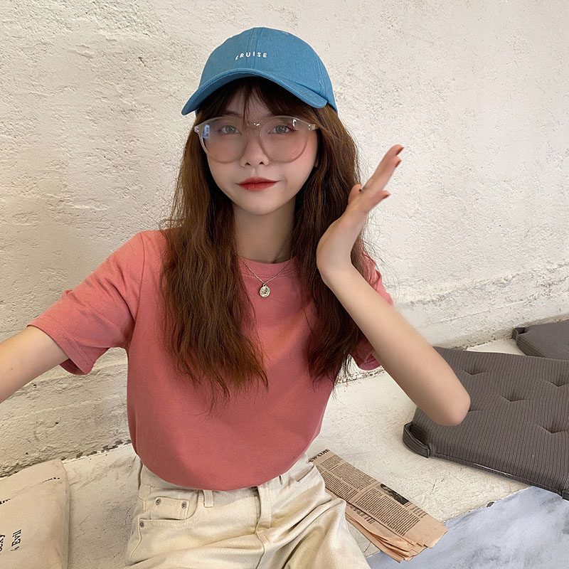 Real price 2021 spring and summer new basic round neck candy color loose versatile T-shirt