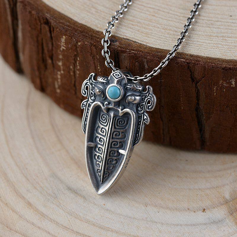 纯银吊坠复古做旧工艺双面实心饕餮图腾小众设计个性数字母女项链