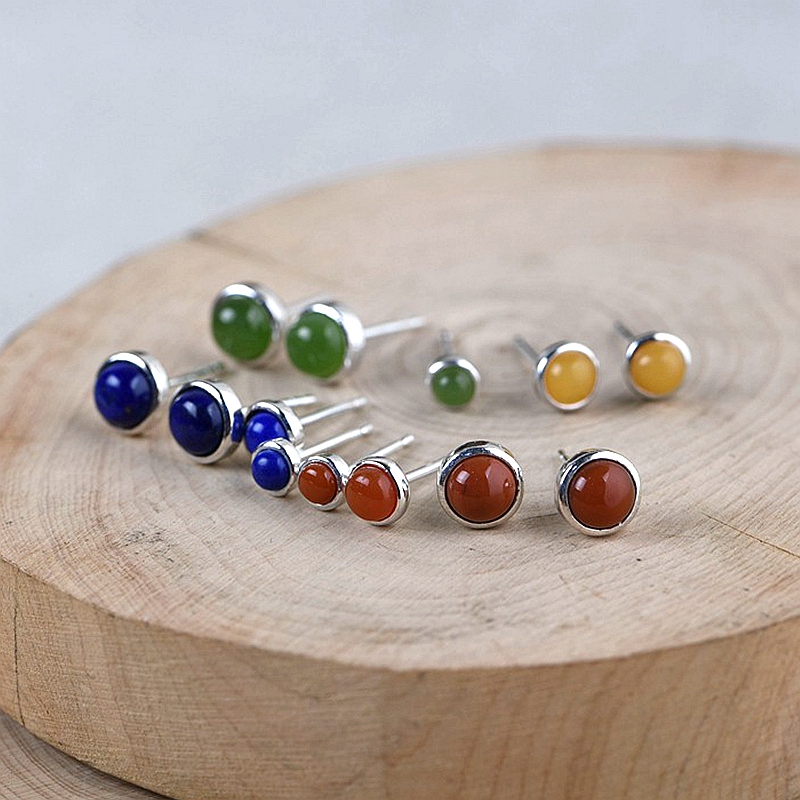 古银铺女款耳钉S925纯银高抛工艺镶嵌碧玉青金石南红宫廷花卉耳饰