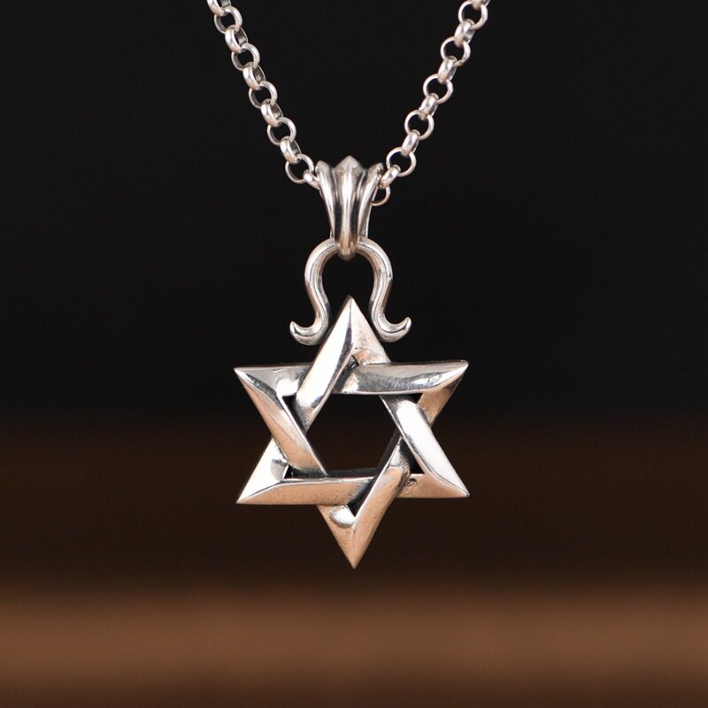 S925纯银男款吊坠复古工艺朋克风格六芒星小众设计双面实心项链坠