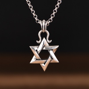 S925纯银男款吊坠复古工艺朋克风格六芒星小众设计双面实心项链坠