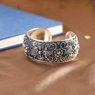 S925纯银手镯复古做旧工艺女款国风小众设计印尼风格个性宽版镯子