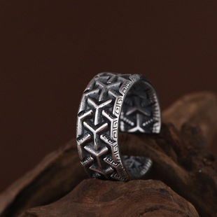 S925纯银复古工艺男款戒指朋克哥特风格开口可调节大气简约银指环