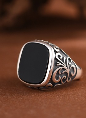 男款纯银戒指黑玛瑙开口银饰指环