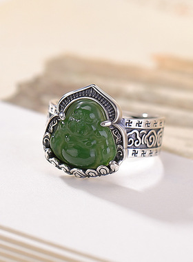 纯银镶嵌碧玉弥勒佛开口女士戒指