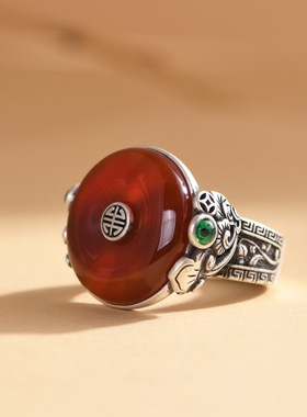 足银戒指小众设计平安扣红玛瑙女