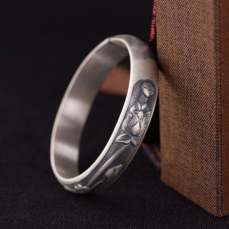 PURE SILVER 999 BRACELET WOMENS CHINESE LITERATURE AND ART RETRO ETHNIC STYLE RELIEF BUDDHIST LOTUS CHEONGSAM HANFU SILVER BRACELET