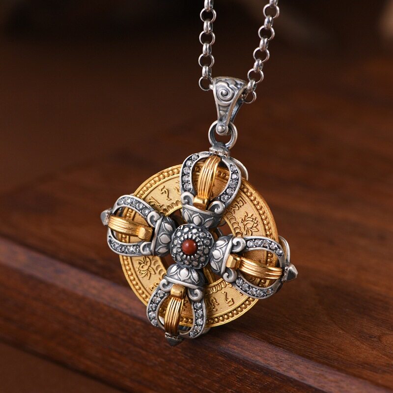 S925纯银绿度母心咒吊坠可转动十字金刚杵梵文小众设计银铜项链坠