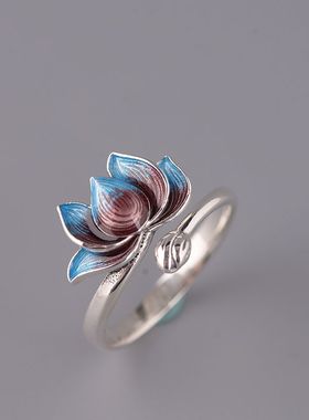 古银铺女款荷花戒指S925复古时尚