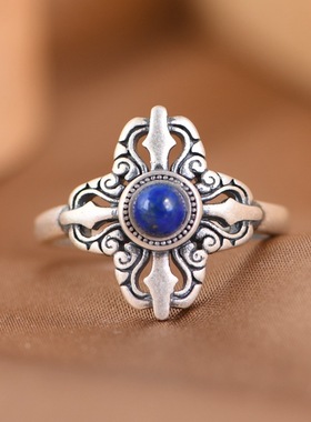 纯银戒指复古工艺青金石小众女款