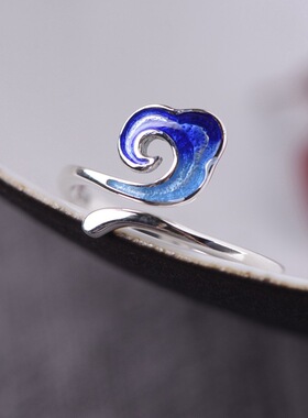 复古烧蓝工艺开口祥云如意银戒指