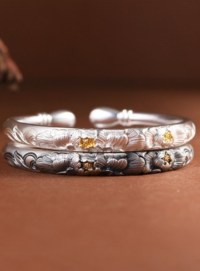 足银手镯飘金工艺民族风小众设计中式牡丹花浮雕簪刻蒜头镯银镯子