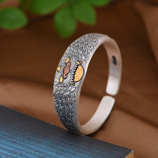 足银手镯复古鎏金工艺开口浮雕女款貔貅镯子民族风醒狮瑞兽银饰品
