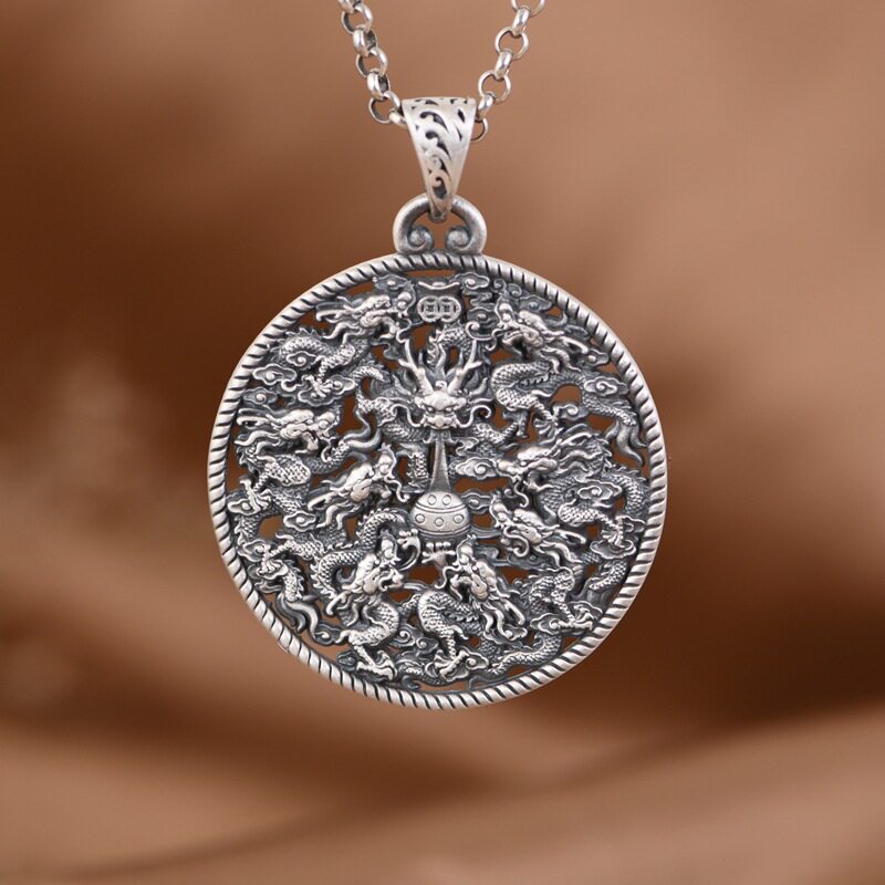 男款纯银吊坠足银复古做旧工艺十二生肖龙挂件镂空九龙霸气项链坠