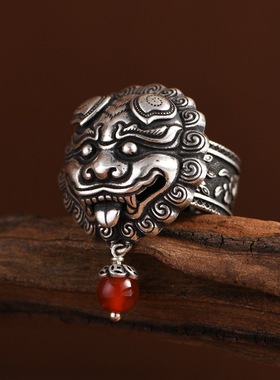 足银醒狮开口小众设计女款银戒指