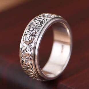 S925纯银男款戒指复古小众设计可转动貔貅梵文六字真言时尚银指环