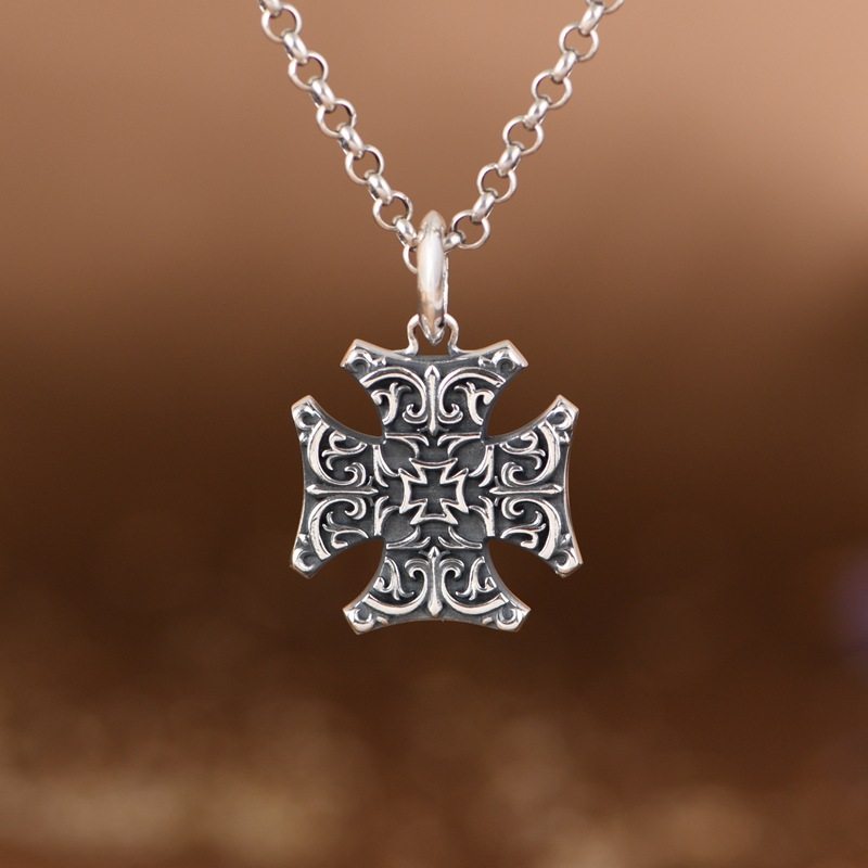 S925纯银十字架吊坠复古朋克风格小众设计立体个性时尚男款项链坠