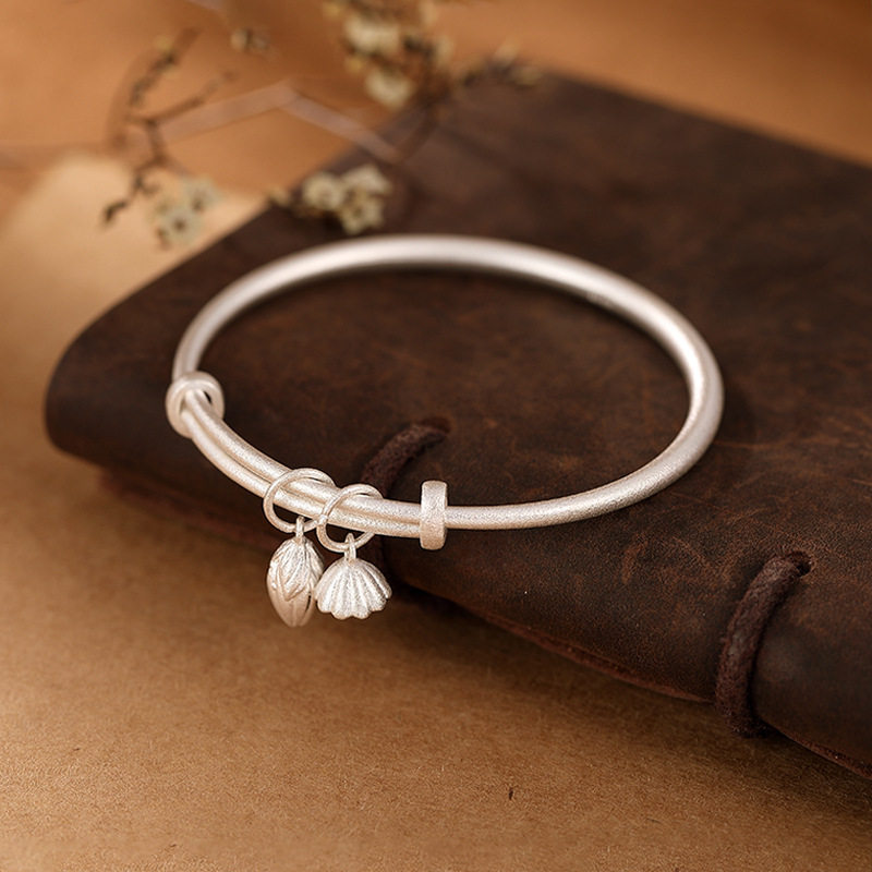 ANCIENT SILVER SHOP S999 PURE SILVER ANCIENT SILVER BRACELET RETRO SIMPLE LOTUS FLOWER PUSH PULL LADIES BRACELET BRACELET