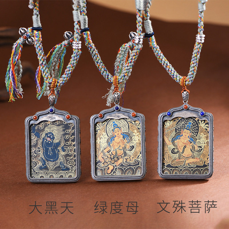 手绘黑金唐卡复古工艺方形项链坠