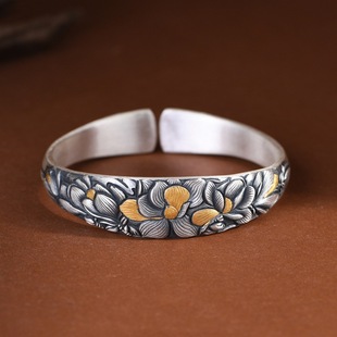 足银手镯复古工艺手工金银错格桑花小众设计女款开口浮雕簪刻镯子