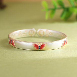 足银手镯轻奢简约设计蝴蝶国风中式小众女款吉言盘缠磨砂面银镯子
