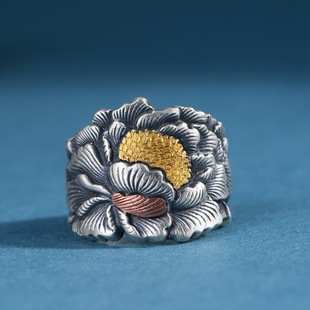 足银戒指金银错工艺手工錾刻浮雕牡丹花开口指环小众设计女款银饰