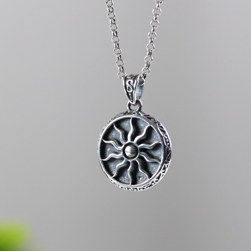 古银铺S925纯银复古做旧工艺吊坠男款双面太阳神朋克风格银项链坠