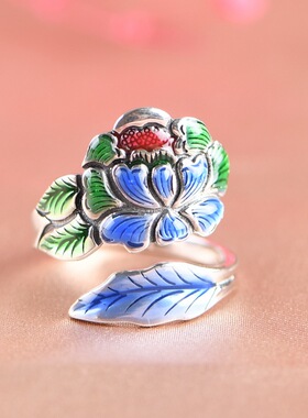 国潮风景泰蓝纯银戒指女复古女款