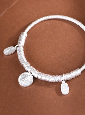 足银手镯黄财神盘缠手环闭口女款