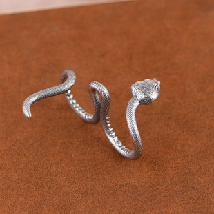 纯银戒指个性创意双排蛇头夸张盘蛇指环复古工艺双带朋克风格戒子
