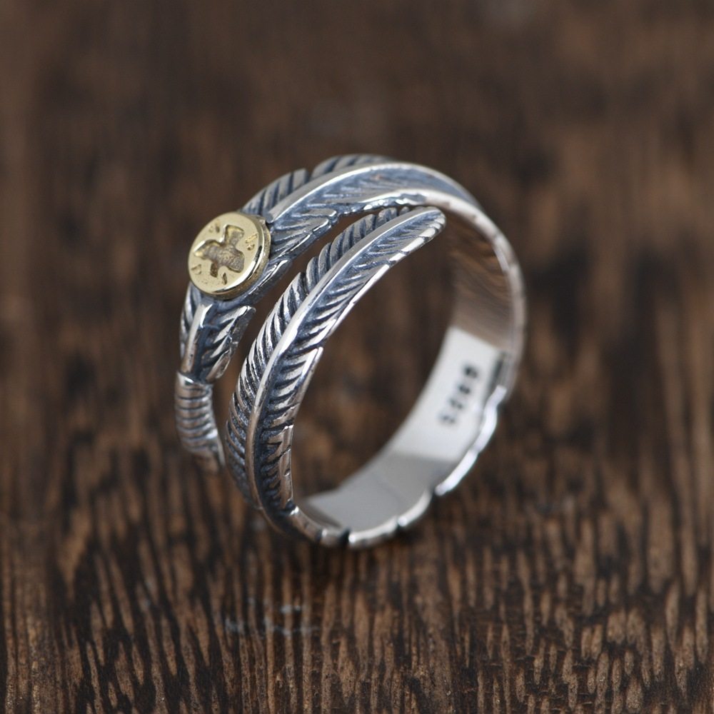 s925纯银复古工艺戒指开口羽毛小众设计高级感女士时尚银指环戒子