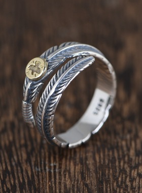 开口银戒指指环羽毛复古工艺女款