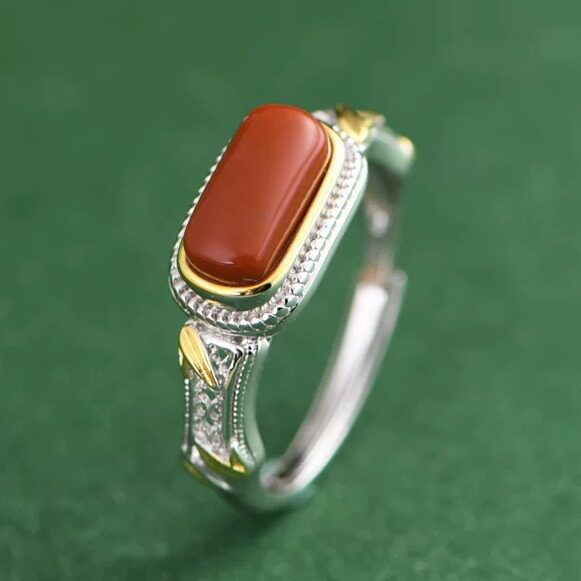 S925纯银红玛瑙戒指描金工艺小方糖小众设计女款开口轻奢简约指环