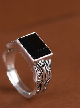 送男友黑玛瑙礼物戒指开口可调节