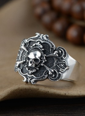 古银铺复古风骷髅头食指男款纯银