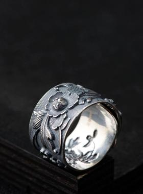 银戒指复古浮雕花开富贵