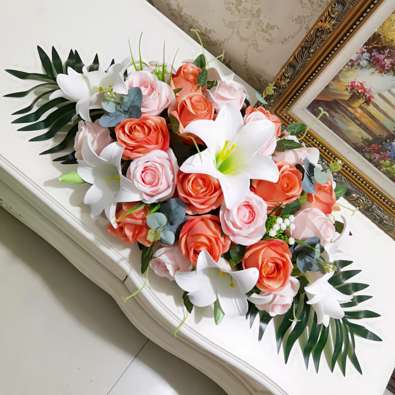仿真桌花百合玫瑰假花办公室装饰商务酒店摆放花卉绢花会议桌花