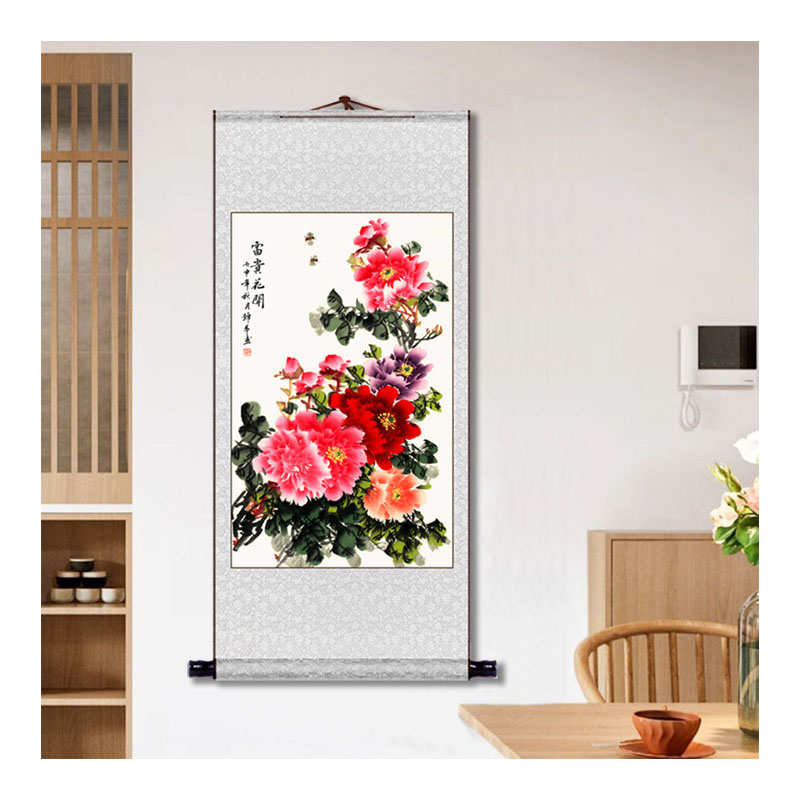 国画花鸟布艺字画画牡丹花开富贵卷轴挂画中式客厅玄关挂轴装饰画图片