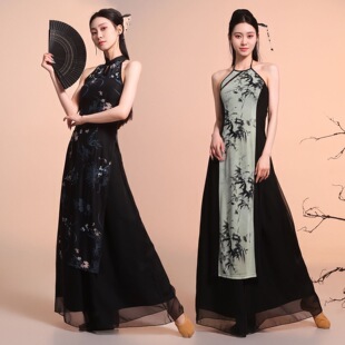 古风爵士气质高级感无袖印花旗袍复古文艺修身显瘦长裙古典舞蹈服