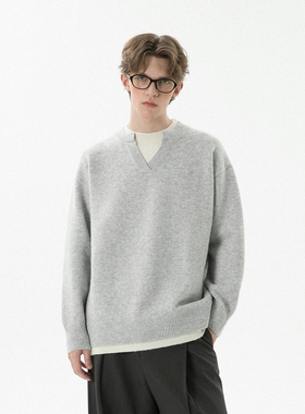 2025秋冬假两件圆领套头毛衣厚撞色宽松休闲上衣男潮