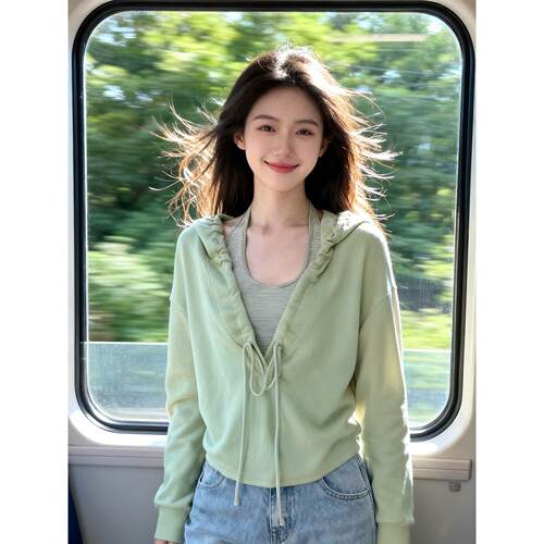 复古风绿色抽绳连帽假两件卫衣女设计感小众宽松显瘦别致气质上衣