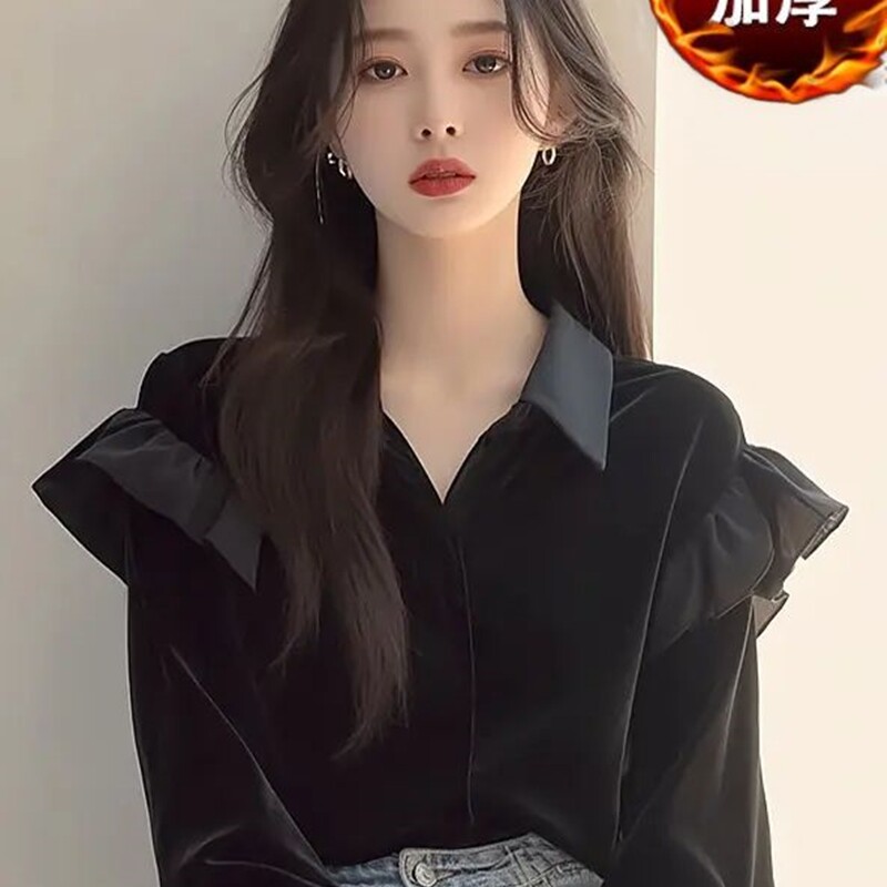 2024欧货感超好看漂亮显瘦黑色加绒加厚长袖丝绒衬衫女早秋小个子