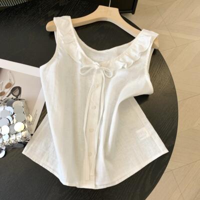 法式木耳边领棉麻背心衬衫女夏季新款小个子减龄系带无袖薄款上衣