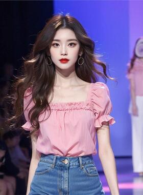 粉色短袖衬衫女夏季2024新款爆款荷叶边方领短款上衣别致漂亮小衫