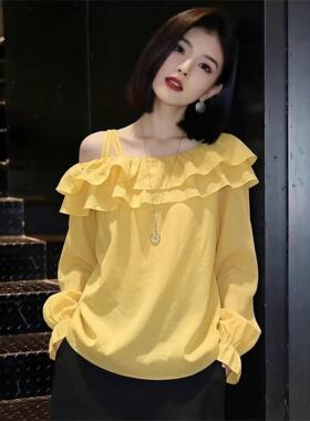 黄色露肩荷叶边灯笼袖衬衫女时尚简约休闲巨显瘦绝美时尚气质上衣