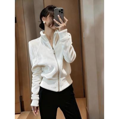 拉链立领丝绒长袖外套女2025新款