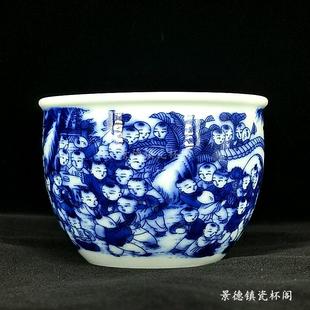 景德镇仿古青釉青花釉下彩百子图婴戏图单陶瓷二两茶酒缸杯100ml