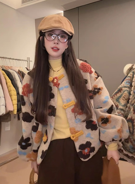 7697 GY复古花朵女冬季短款灯笼袖厚款保暖外套潮流