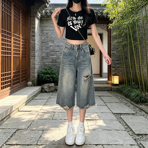 七分牛仔裤女高腰宽松显瘦休闲裤