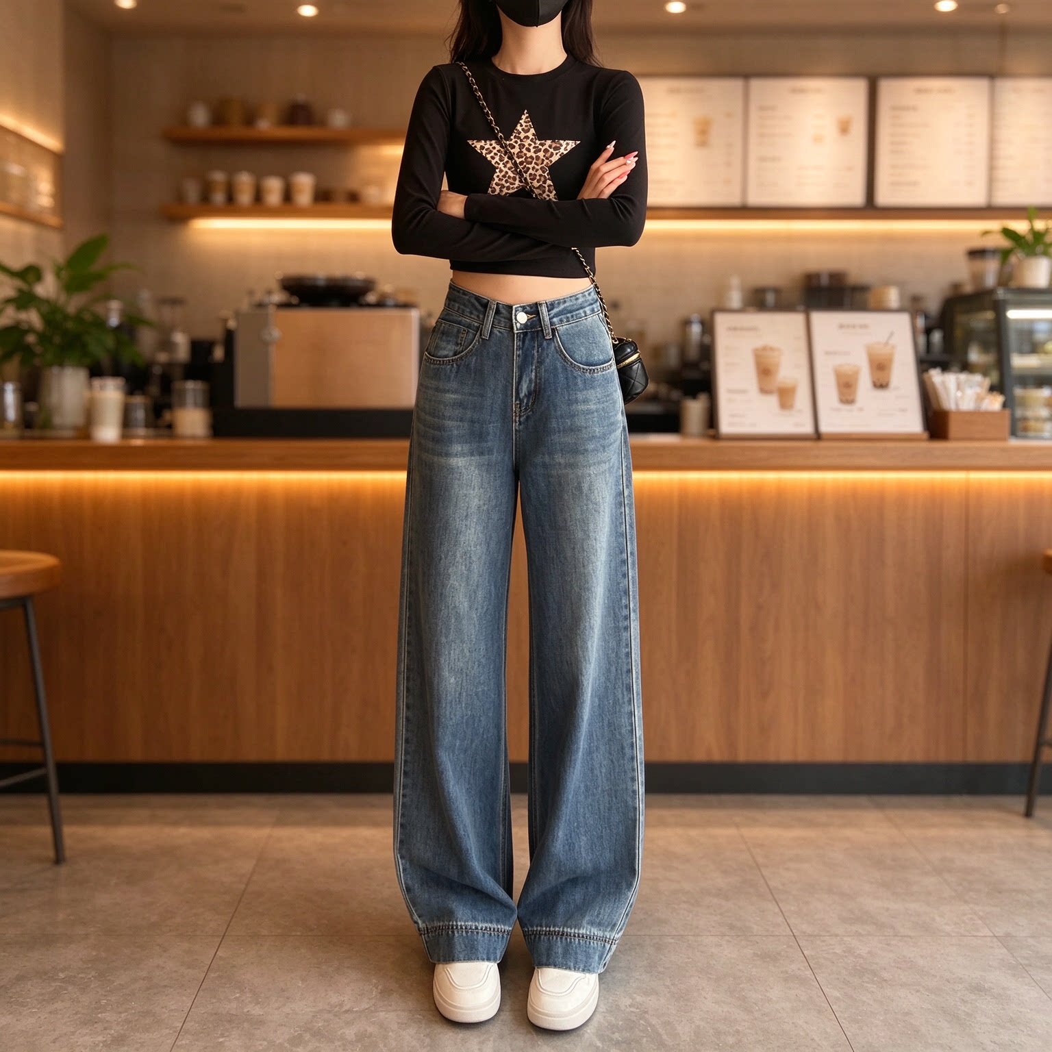 怀旧水洗阔腿牛仔裤女装高腰宽松阔脚裤百搭显瘦加长牛仔拖地长裤